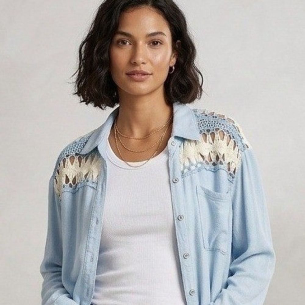 Vintage Havana Womens Blue Crochet Back Button Down Retro Bohohemian Casual S